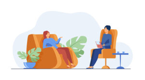 Illustration of person in an armchair in a counselling therapy office