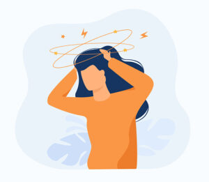 Illustration of woman experiencing traumatic thoughts represented as lines circling around her head with stars